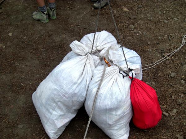 Bear bags strung close together using a Larks Head knot.